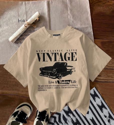 Image of Jawdrobe Cotton Blend Oversized Fit Half Sleeve Printed Round Neck T-Shirt for Women | Aesthetic Summer Wear