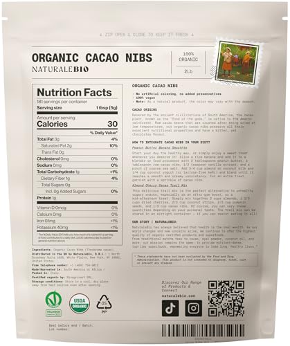 Image of NaturaleBio Cacao Nibs Organic 2 lb. Unsweetened, Non-Alkalized and Pure. Sugar-Free Dark Chocolate Chips Substitute. Non-GMO, Gluten Free, Tested for Heavy Metals. From Raw Cacao Beans
