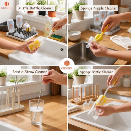 Image of 5-in-1 Baby Bottle Cleaning Brush Set | Silicone Bottle Brush Kit with Nipple Cleaner, Straw Brush, Sponge Brush & Long Tube Cleaner | Feeding Bottle Cleaning Accessories | Yellow Blue