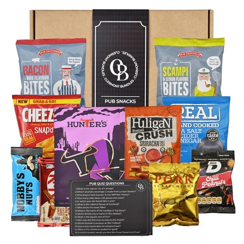 Pub Snacks Hamper Gift Set - Savoury Snacks Box Includes 11 Bar Snacks Savoury, Pork scratchings, Nuts, Crisps, Beef Jerky, Quiz Card and Much More. Pub Treats Box & Snack Gifts