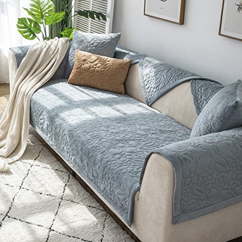 Vctops Super Soft Plush Sofa Cover Floral Embroidery Sectional Couch Covers Solid Non Slip Sofa Slipcover Comfy Warm Furniture Protector For Pets Kids Dog Cat (Light Blue,28"X28") #TOP24
