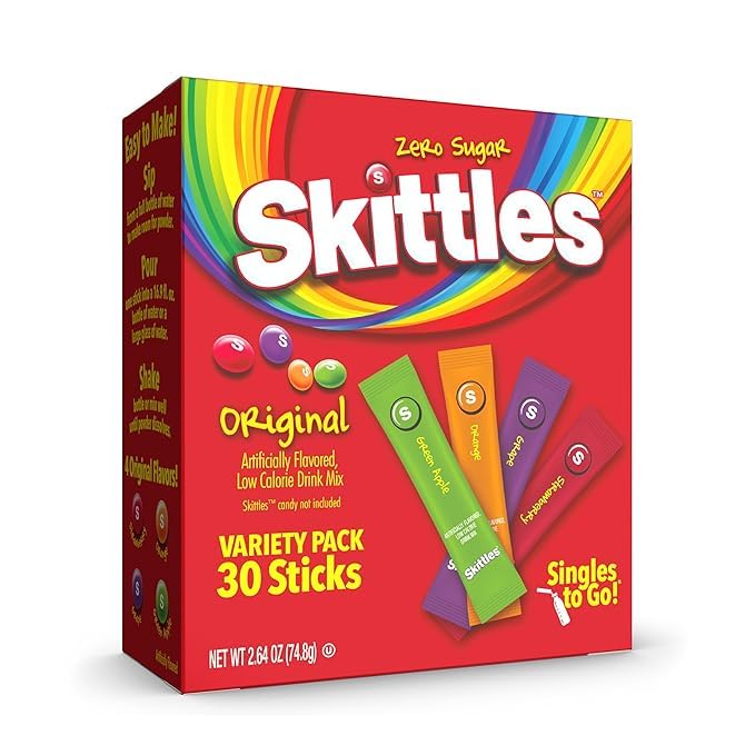 SINGLES TO GO!Skittles Go Variety Pack, Watertok Powdered Drink Mix, Zero Sugar, Low Calorie, Includes 4 Flavors: Green Apple, Strawberry, Grape, Orange, 1 Box (40 Single Servings)