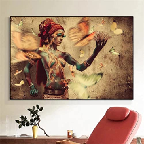 Toile femme africaine aux papillons 50x70cm tableau décoration sans cadre