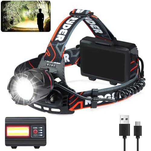 Foleto Head Torch Rechargeable,Head Torch Battery Powered, Super Bright 3000 High Lumen with 3+4 Modes Waterproof Zoomable Headtorch,135° Adjustable for Outdoor Exploring Cycling, Fishing, etc.