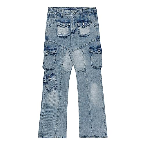 Vaqueros Rectos Multi - Bolsillos para Hombres Pantalones acampanados Cómodos Vaqueros Abiertos Casual Suelo Hip Hop Jeans, azul, S