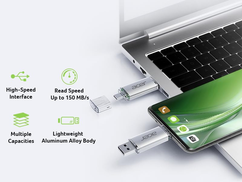 Image of Acer UT300 Dual Port USB Flash Drive USB 3.2 Gen1 | 32 GB | USB-C & USB-A | Up to 150MB /s | Aluminum Alloy