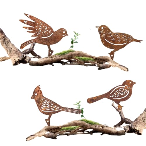 LUMOOM 4er Rost Vogel Gartendeko, Edelrost Metall Vogel Stecker für Draußen, Rostiges Vögel Deko, Rostoptik Gartenstecker, Baumstecker für Holz Zaunfiguren Garten Bäume Terrasse Balkon (Vogel B)
