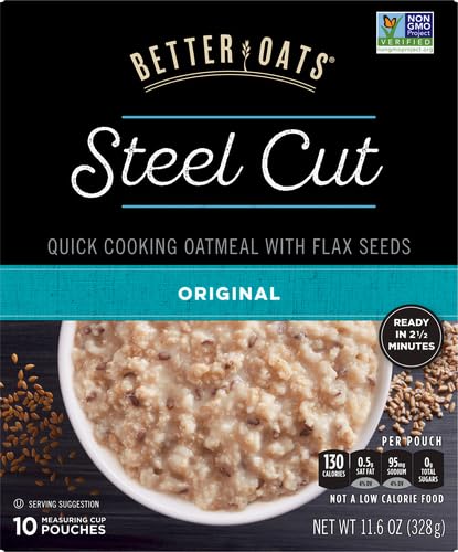 Better Oats Original Steel Cut Oatmeal Packets with Steel Cut Oats and Flax Seeds, Quick Oatmeal Pouches Ready in 2.5 Minutes, Original Flavor, 10 Pouches, 11.6 OZ Box
