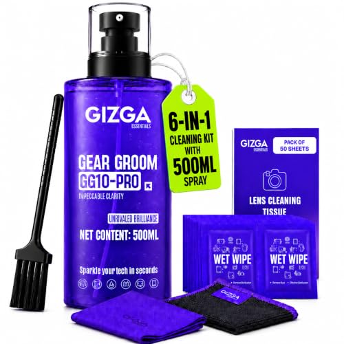 Image of Gizga Essentials 6-in-1 Laptop Cleaning Kit 500ml | Screen Cleaner Spray, 2 Microfiber Cloths, Cleaning Brush, Wet Wipes & Lens Tissues for Laptop MacBook Mobile TV Monitor Camera Gadgets