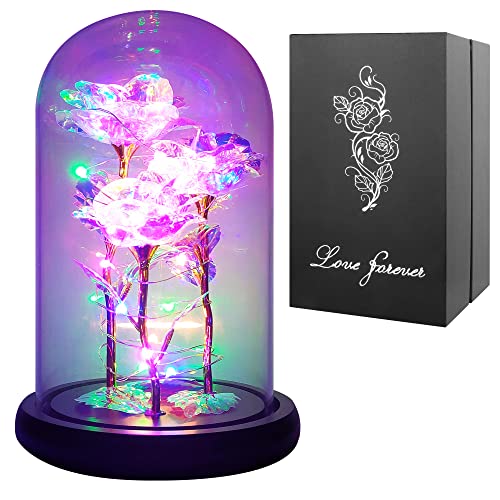 3 Colorful Artificial Flower Rose Gift,Light Up Rose Flowers Gift,Forever Rose in Glass Dome,Women Gifts Idea for Valentine s Day,Mother s Day,Thanksgiving,Birthday,Anniversary On Any Occasion
