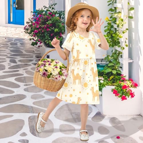 Cartoon Camel Sun Print Little Girls Short Sleeve Dress Casual Summer Party Skater Dresses for Kids 2-8T3