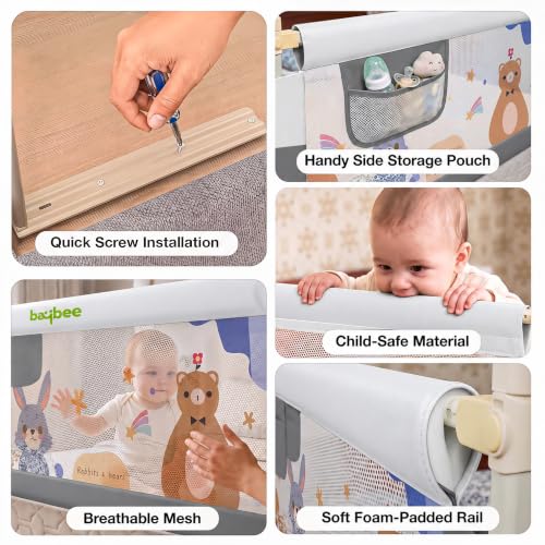 Image of BAYBEE Baby Bed Rail Guard (150x80cm) | Bed Railing for Baby Safety with 28 Height Adjustable Bedside Protector for Babies Falling | Foldable Bed Safety Guard for Kids (1 Side, Grey /White)