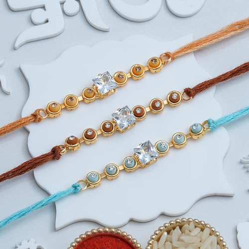 Image of eCraftIndia Crystal Designer Rakhi Set of 3 | Rakhi for Brother Bhaiya Bhai with Best Bro Ever Fridge Magnet | Roli Chawal Pack