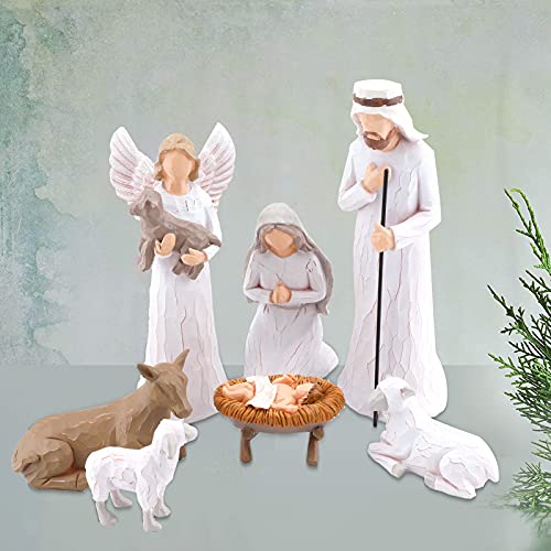 Set of 7 Nativity Figurines, Sculpted Hand-Painted Nativity Figures, Nativity Sets for Christmas Indoor - Manger Scene Christmas Decorations - Nativity Scene - Holy Family Nativity Scene