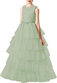Layered Tulle Flower Girl Dress for Wedding Girls Pageant Dresses with Beads Long First Communion Dress with Belt - Buy now