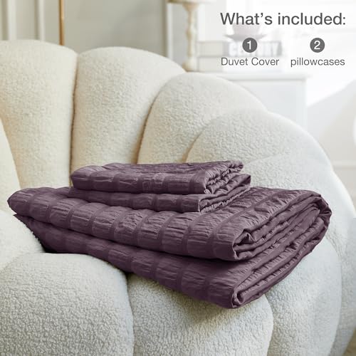 Image of JELLYMONI Seersucker Duvet Cover Set King, 3pcs Purple Polyester | In Spacious Master, Couples & Pets, Crinkled Texture, Oeko-Tex Certified, 8 Corner Ties & Hidden Zipper