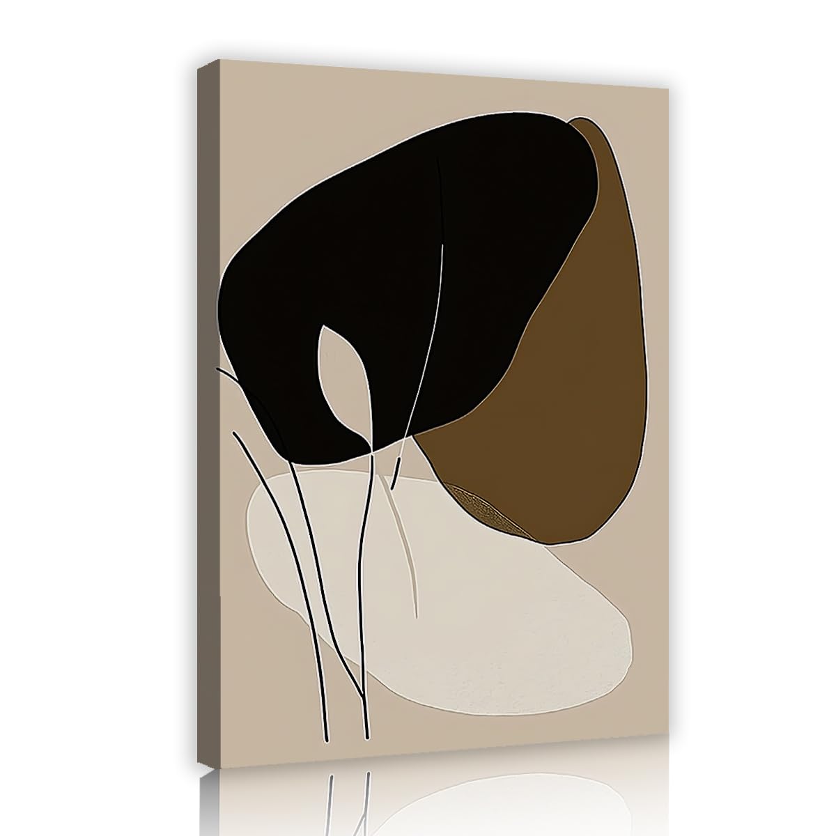 Via Vela Abstract Botanical Canvas Picture Framed Mid Century Modern Black Brown Beige Shape Poster Minimalist Art Print For Living Room Apartment Studio Decor 70x105cm