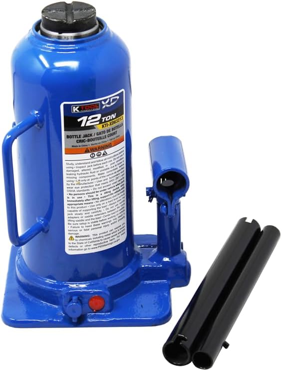 K Tool International XD63213 12 Ton Hydraulic Bottle Jack for Garages, Repair Shops, and DIY, 24,000 lbs. Capacity, Lift Range 8.46"-15.75", Heavy Duty Steel, Load-limiting/Bypass Valves, Blue