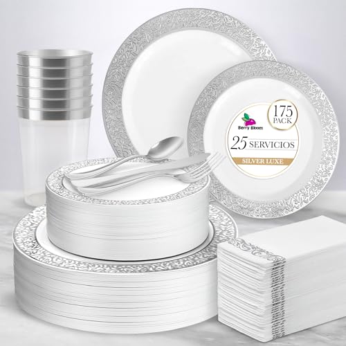 La Mejor Lista de Vajillas desechables del mes. 43 Berry Bloom Vajilla Elegante Reutilizable, Color Plata 175 piezas: 50 Platos con Diseño en la Orilla Color Plateada, 25 cucharas, 25 tenedores, 25 cuchillos, 25 vasos, 25...