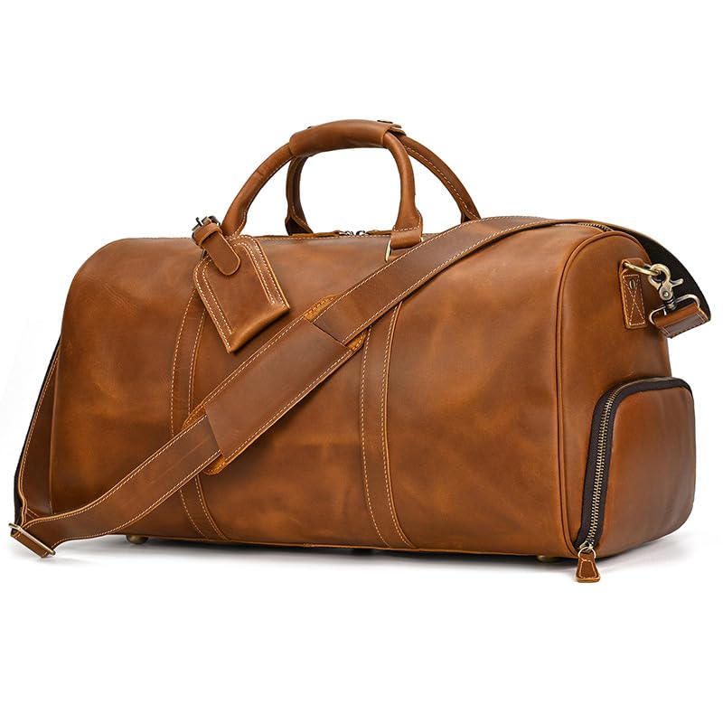 Men Genuine Leather Travel Bag Cow Leather Carry On Luggage Bag Shoulder Bag Weekend Duffle Bag (Light Brown)