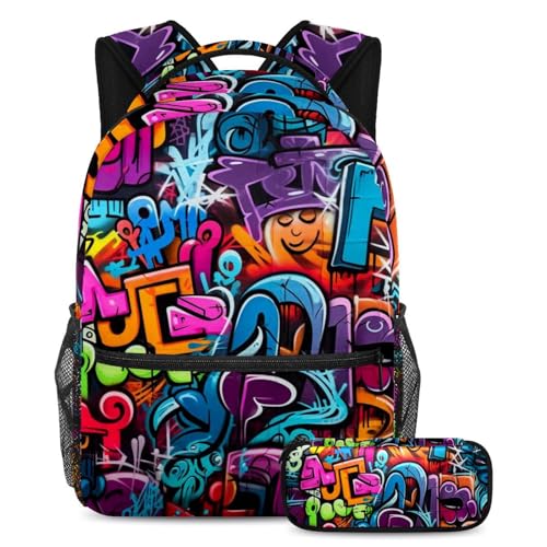 Cartable sac à dos grand volume style graffiti ado fille garçon avec trousse