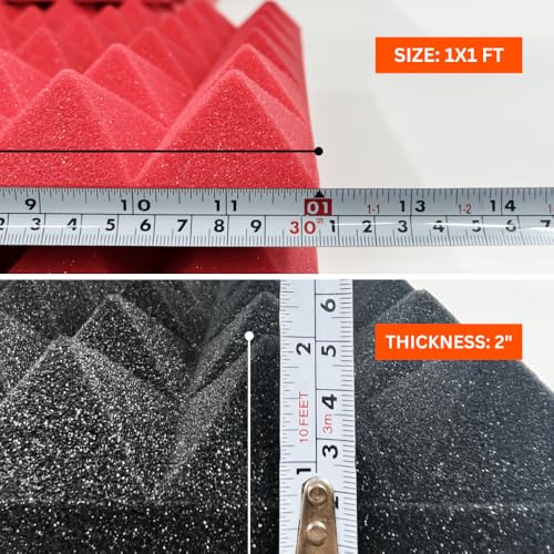 Image of MMT Acoustix 126Pc Pyramid Acoustic Foam, ProStudio Sound Setup, Soundproofing Noise Reduction Acoustic Panels | 1x1Ft 2 inch Thick, Charcoal + Red Color