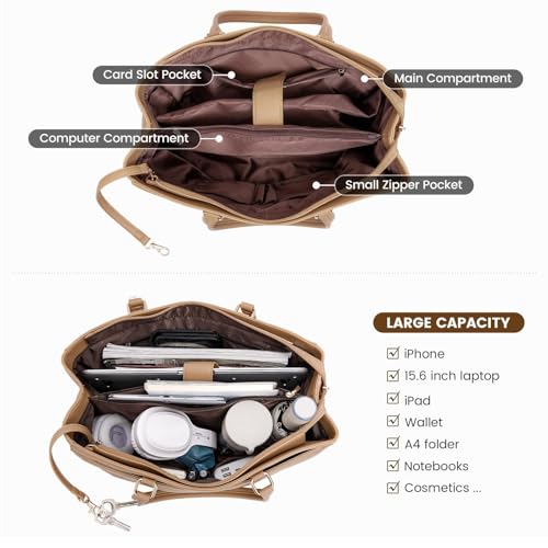 Image of LOVEVOOK Laptop Bag for Women 17.3 Inch Tote Bags Waterproof Leather Briefcase Computer Women Business Office Work Bag,Apricot