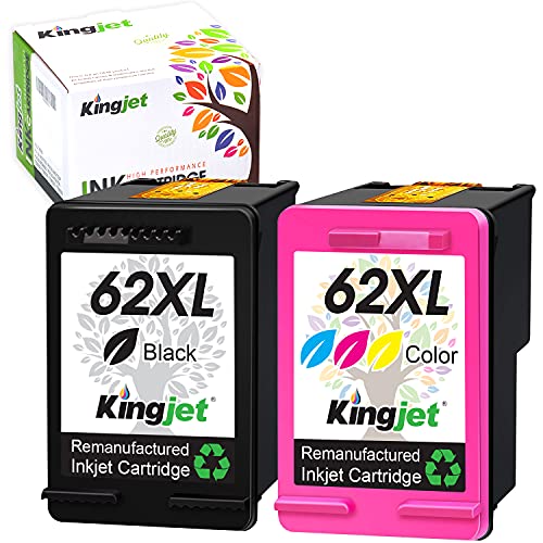 Kingjet Remanufactured Ink Cartridge 62 Replacement for HP 62XL 62 XL for Envy 7640 5660 5540 5640 5642 7645 5644 5549 Officejet 5740 5741 5780 OfficeJet 200 250 Printers, 2 Pack (1 Black, 1 Color)