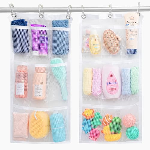 Handy Laundry Hanging Shower Organizer (2-Pack) - 9-Pocket - Mesh Caddy with Deep Storage Pockets for Organizing Bathroom Toiletries and Kids Bath Toys - Hang on Existing Shower Curtain Rings
