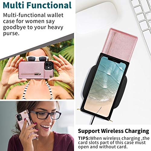 Hoggu Compatible With Iphone 12/Iphone 12 Pro Wallet Case Crossbody Leather With Card Holder,Zipper Purse,Kickstand,Removable Shoulder Strap,Square Corners Case Protective Back Cover 6.1’’-Rose Gold #TOP5