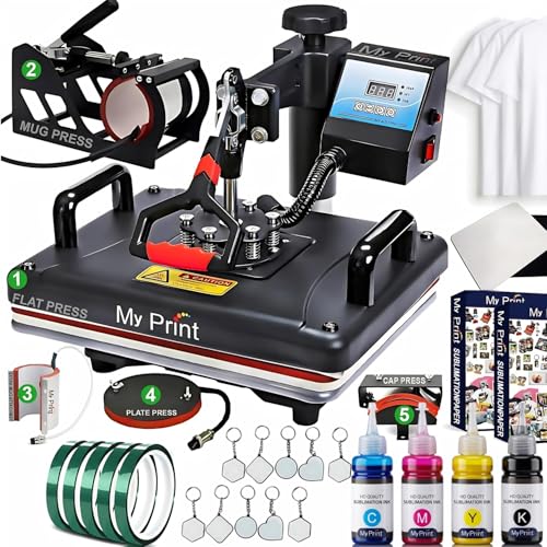 Image of MY PRINT | Heat Press 5 in1 Combo with Sublimation Project, Sublimation Paper 200 Pages, Sample T-Shirt 3 Pcs, Mouse Pad 2 Pcs, Sublimation Keyring 10 Pcs, Sublimation Ink 4 Color, Teflon Sheet 1 Pcs