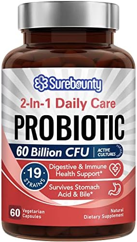 Surebounty Probiotics 60 Billion CFU 19 Strains, Probiotics for Men & Women, with 100mg Prebiotic, Shelf Stable, 2-in-1 Daily Care Probiotic, Non-GMO, Digestive & Immune Health, 60 Veggie Capsules
