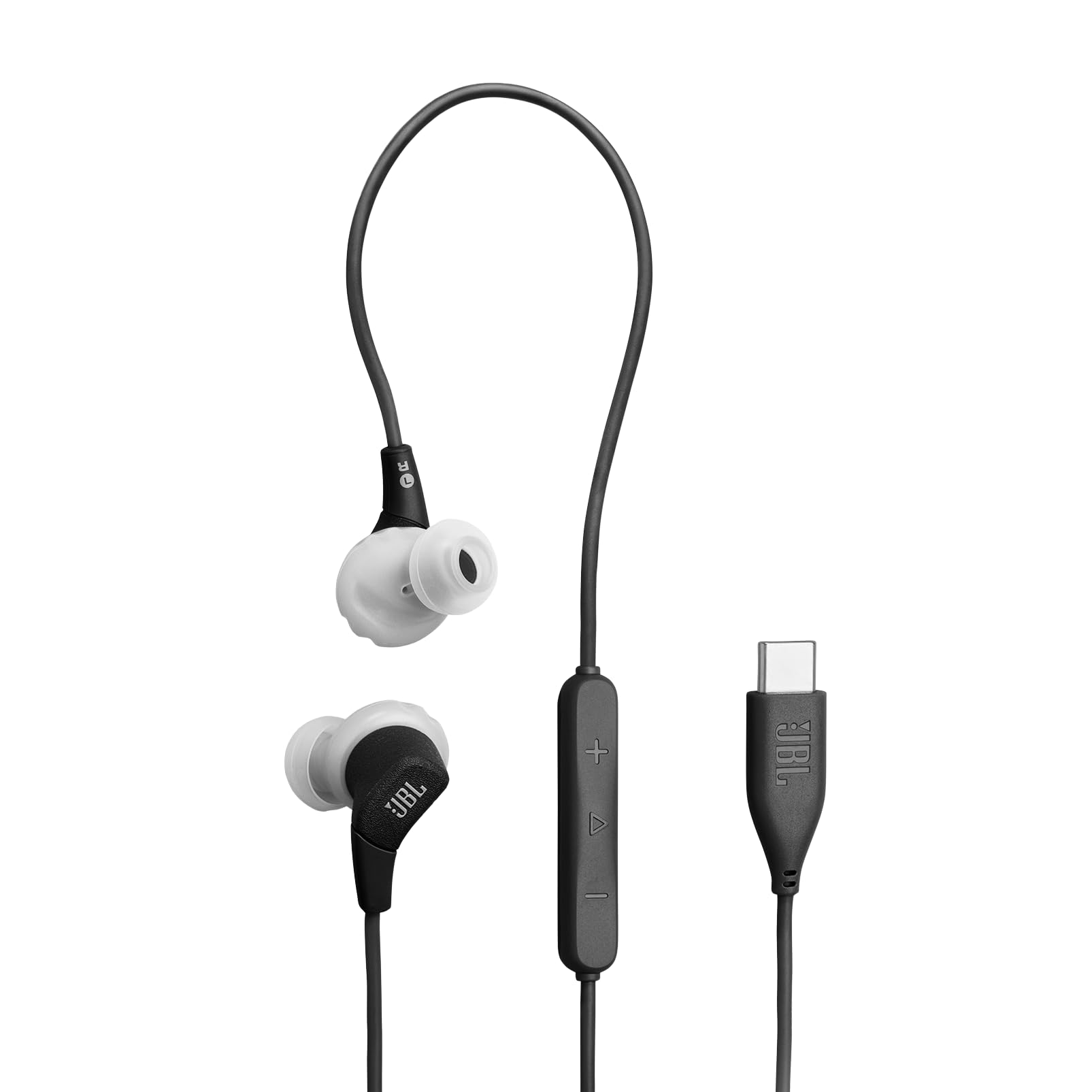 JBL Endurance Run 3 Auriculares Deportivos con Cable, tecnología FlipHook y TwistLock, Resistentes al Polvo y al Agua, IP65, Sonido JBL Pure Bass, micrófono y Mando, USB-​C, Negro/​Gris