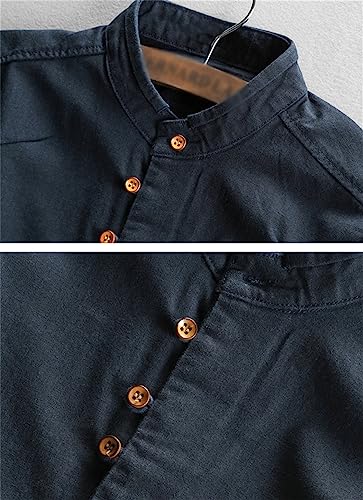 Men's Linen Cotton Regular Fit Long Sleeve Button Down Shirts, Casual Stand Collar Summer Shirts2