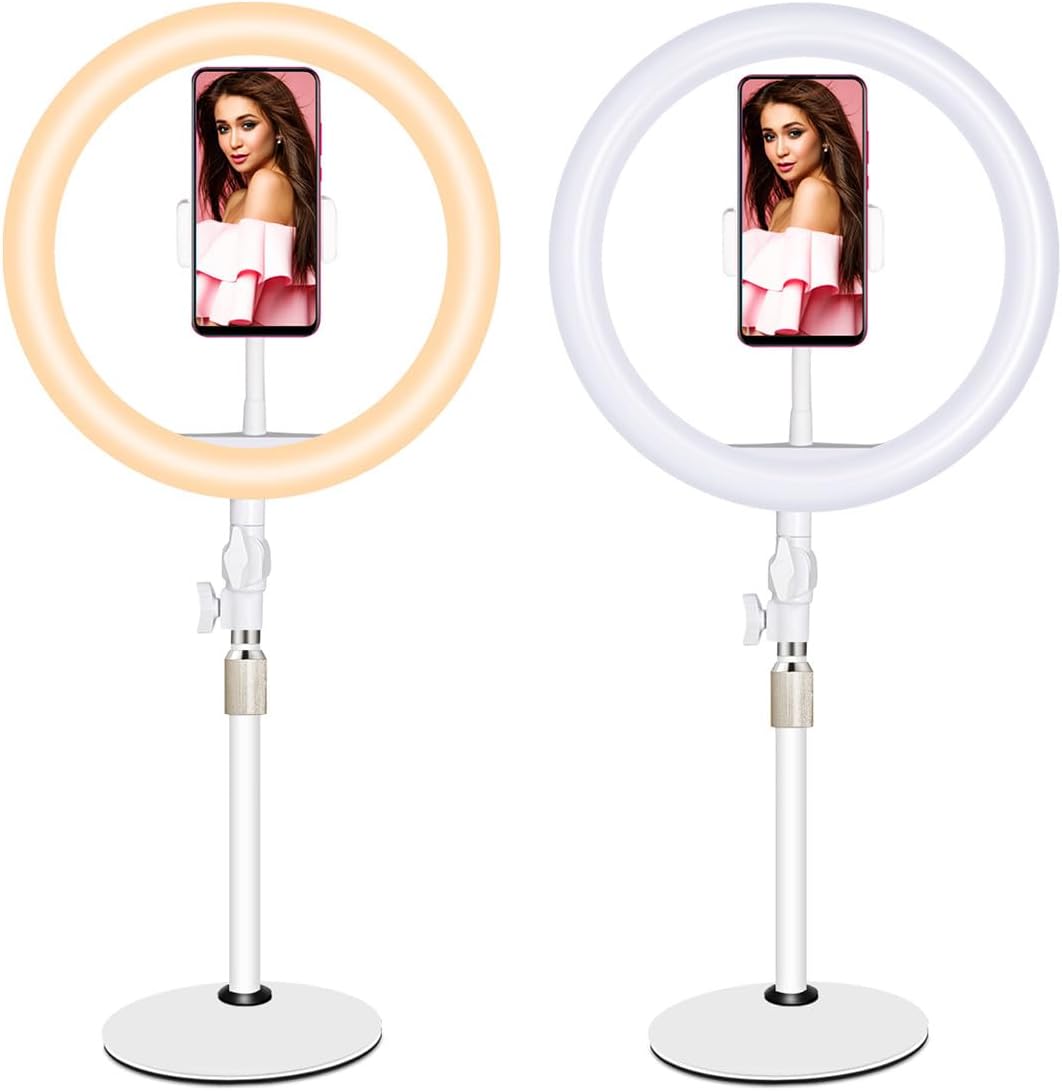 Mipcase 10-inch Live Filling Light with Adjustable Desktop Stand, White LED Selfie Lamp for Phone Streaming and Video Recording, Portable Beauty LED Light for Content Creators