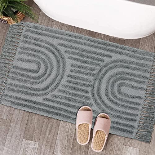 LEEVAN Boho Bathroom Rugs 2'x3' Hand Woven Tufted Rainbow Rug with Tassels Grey Laundry Room Rug Bohemian Bath Mat Farmhouse Kitchen Rug Washable Cotton Entryway Rug for Bedroom Accent Throw Rug