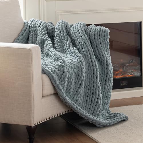 LAST MODA Chunky Knit Blanket Throw, 100% Hand Knit Throw Blanket Handmade Chenille Cable Knit Throw for Couch, Stylish Cozy Soft Rope Knot Crochet Blanket for Home Decor, Chambray Blue, 50x60 Inches