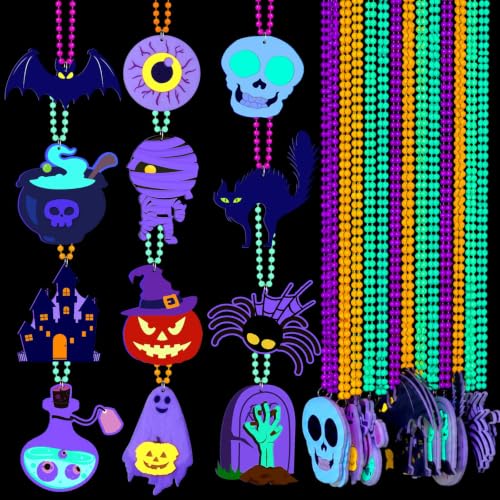 Collares de Halloween para el truco o trato con colgantes neón de calabazas y calaveras