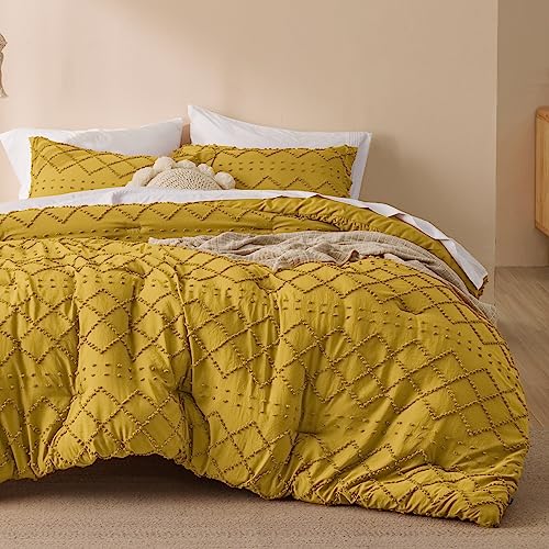 Image of Bedsure Queen Comforter Set - Mustard Yellow Comforter, Boho Tufted Distressed Vintage Bedding for Kids, 3 Pieces Farmhouse-Style Bed Set for All Seasons, Fluffy Soft Bedding with 2 Pillow Shams