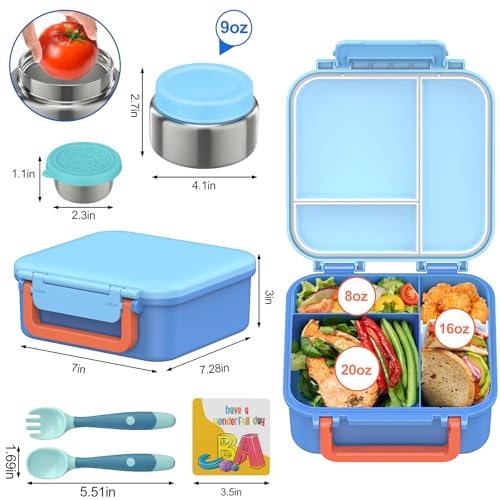 Image of Kids Bento Lunch Box with 9oz Soup Thermo Leakproof Lunch Food Containers 4 Compartment with Insulated Hot Food Jar for Kid Toddler Girls Boys to School, Trvael