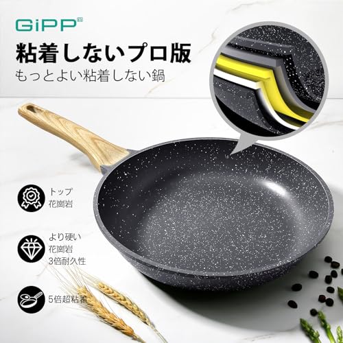 Image of GiPP Fry Pan, 9.4 inches (24 cm), Lid Included, Induction and Gas Fire, Non-Stick Frying Pan, Heat Resistant Handle, Ceramic Coating, Healthy Cleaning, High Heat Efficiency, PFOA PFOS Free, Gray