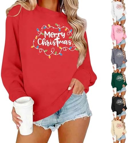 Christmas Sweatshirts for Women Merry Christmas Sweatshirt Novelty Xmas Sweater Comfy Long Sleeve Fleece Lined Tops