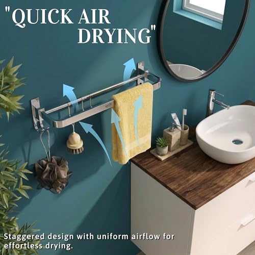 Image of GLOXY Premium 18 Inch Towel Holder for Bathroom - Stainless Steel Foldable Towel Rod with Hooks - Wall Mounted Towel Hanger with Chrome Finish - Space Saving Towel Bar - Bathroom Accessories