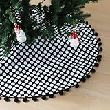 TWSANTAMAS 36-Inch Christmas Tree Skirt, Black and White Polka Dot Pattern with Pom-Poms, Rustic Farmhouse Holiday Party Tree Mat Decor
