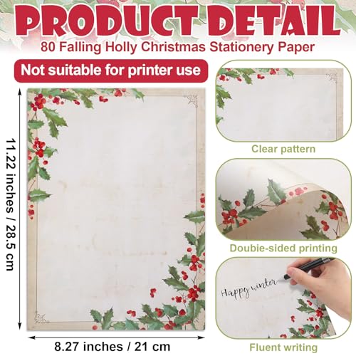 Weekgrat 80 Sets Christmas Stationery Paper with Envelopes 8.5 x 11 Inch Christmas Holiday Paper Envelopes for Holiday Events Notes Invitation Office(Falling Holly) - Image 4