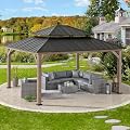 SUNJOY 13 x 15 ft. Wood Gazebo, Outdoor Patio Steel Hardtop Gazebo, Cedar Framed Wooden Gazebo with 2-Tier Metal Roof, Suitable for Patios, Lawn and Backyard, Dark Brown Roof + Dark Wood Frame