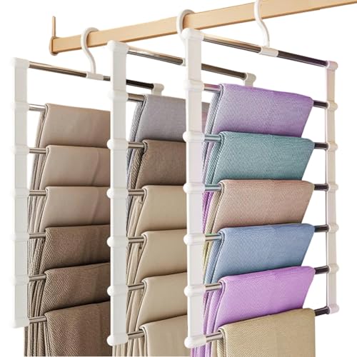 Gruccia per pantaloni salvaspazio, 3 pezzi, salvaspazio, in acciaio inox 6 in 1, stabile, organizer per pantaloni, jeans, vestiti, asciugamani, lenzuola, sciarpe