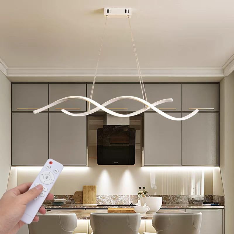 Lampadario LED Moderno 54W Dimmerabile con Telecomando | Luce Calda Naturale Fredda 3000K–6400K | Design Ondulato Regolabile Bianco/Nero | Sospensione Elegante per Cucina Sala Soggiorno (Bianco)