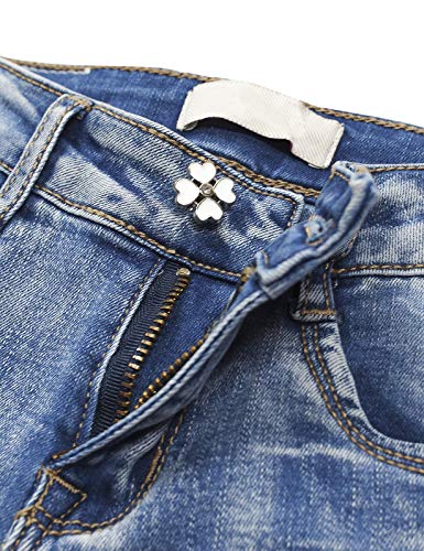 KIDSCOOL SPACE Calça jeans rasgada com pérolas de renda borboleta decorativa por dentro, Azul, 11-12