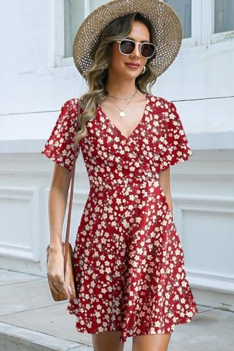 ETCYY NEW Womens Summer Dresses Slant Open V Neck Floral Printed Sundresses Flowy Dress Short Sleeve2